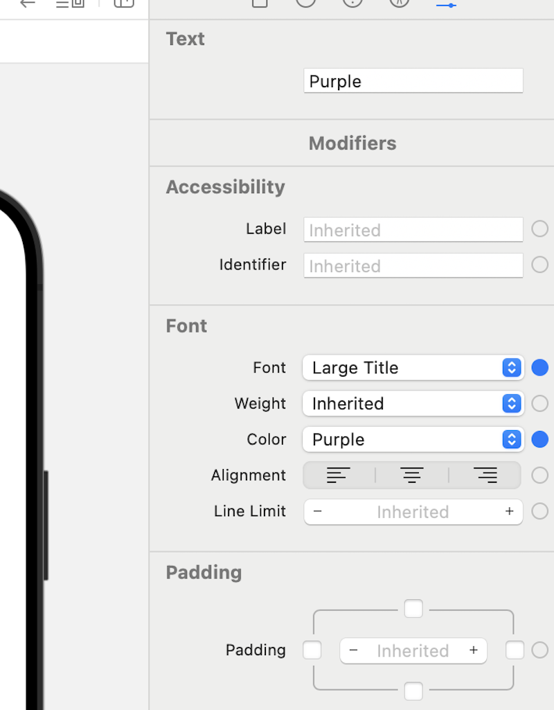 Xcode inspector panel showing text formatting options for a Purple element with Font, Accessibility, Padding, and Modifiers settings.